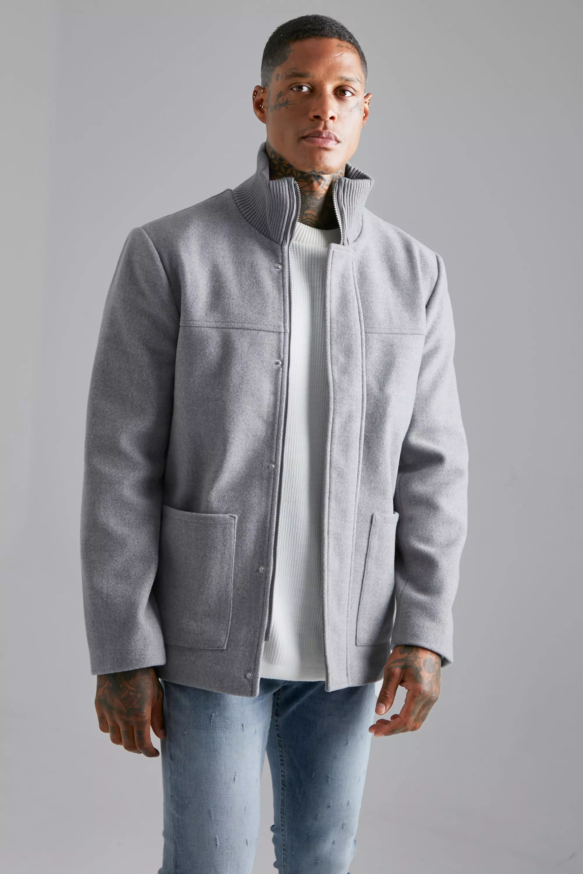 Grey funnel neck coat mens on sale